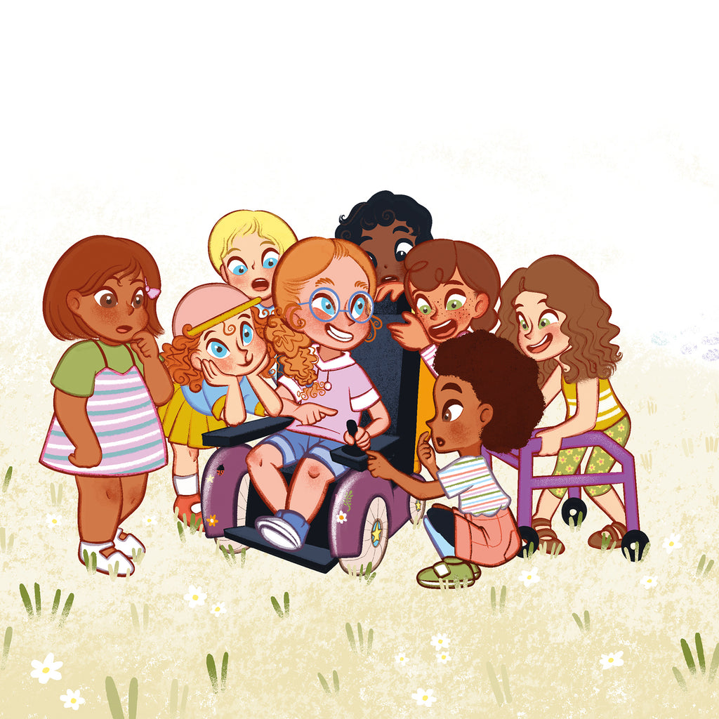 Illustration av ett barn med CP som sitter i permobil, flera barn runtomkring