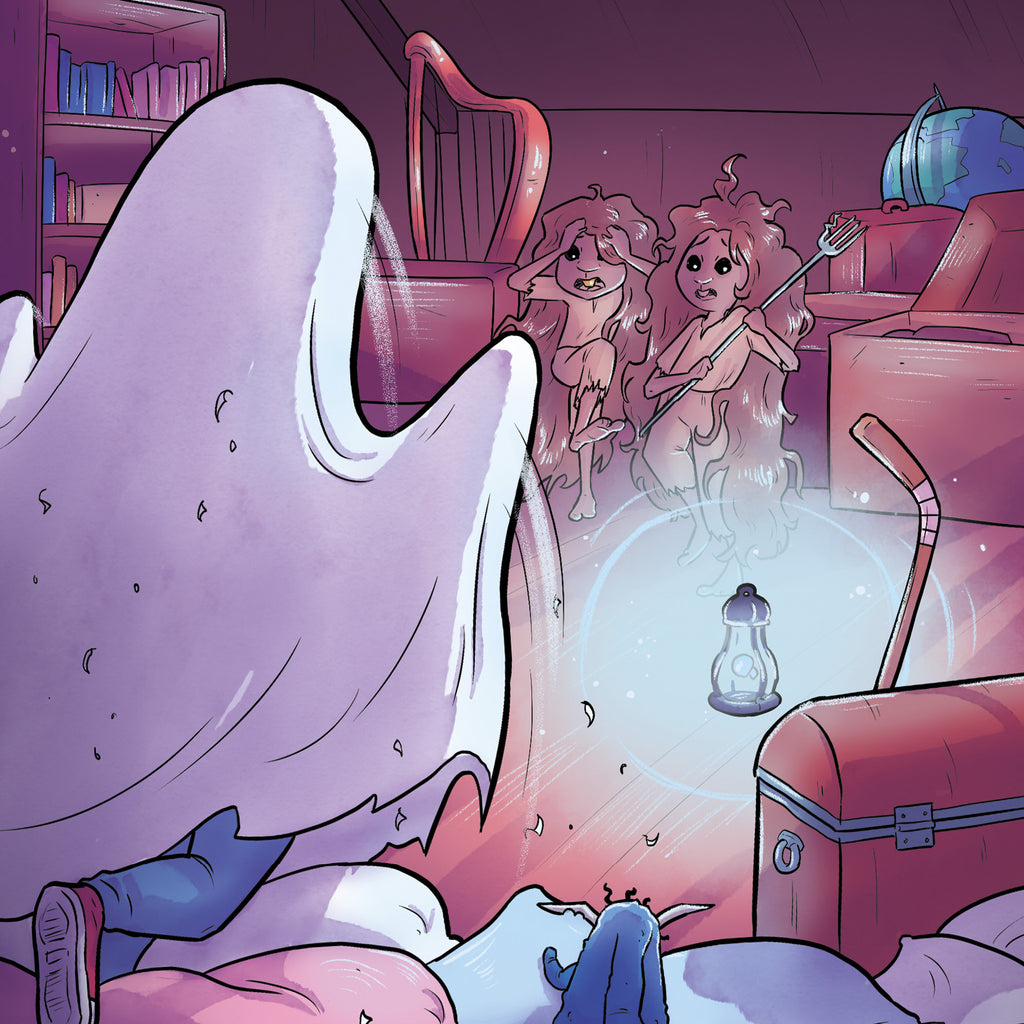 Illustration från boken:  Lina med ett lakan över huvudet skrämmer två trollälvor 