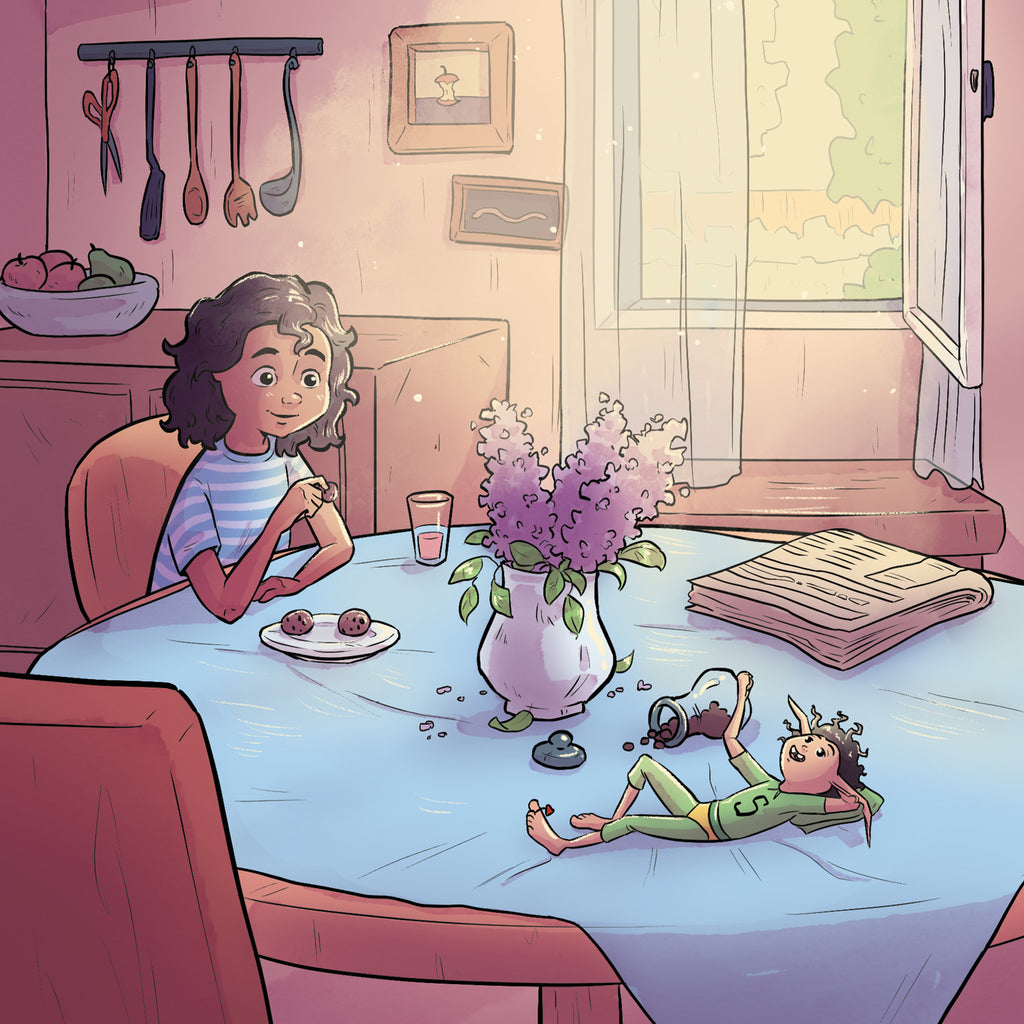 Illustration: Lina & Peppar fikar i köket. Lina sitter på en stol, Peppar ligger på bordet