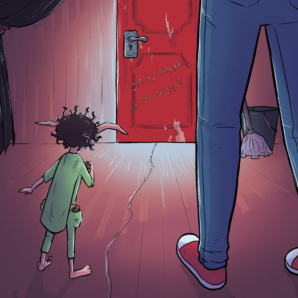 Illustration från boken: Peppar  & Lina står framför en röd dörr med text: Om du öppnar är du döden