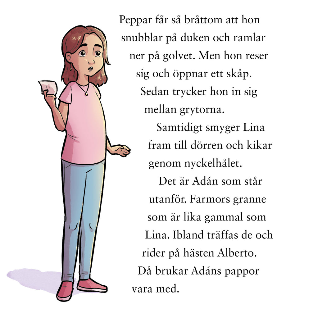 Illustration: Pojke med långt hår och rosa t-shirt och ett stycke text från boken