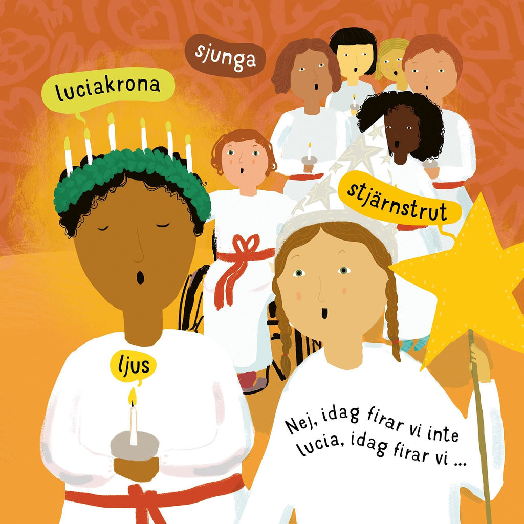 Luciatåg med barn med olika hudfärger, ett barn i rullstol.