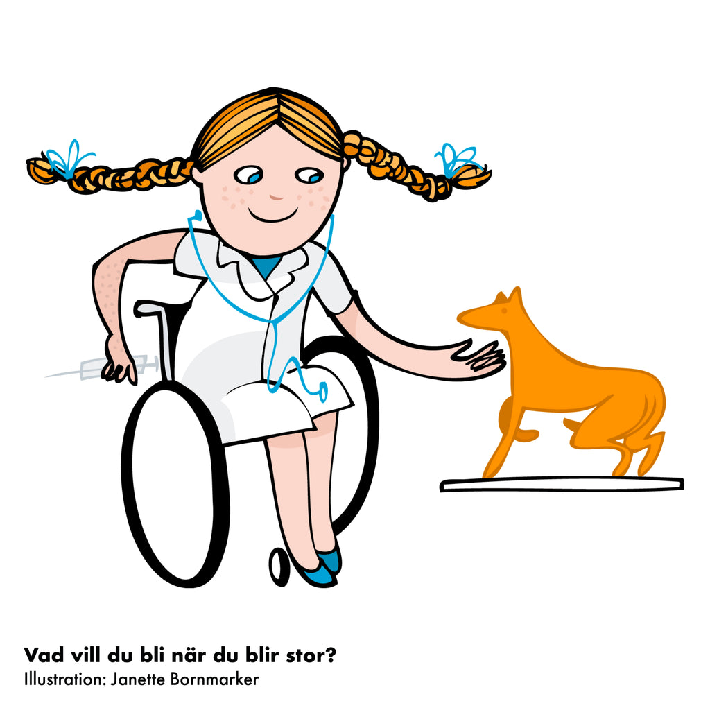 Illustration. En veterinär med flätor, som sitter i rullstol, klappar en hund under hakan innan hon ska ge den en spruta. 