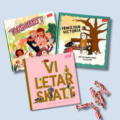 Bilderböckerna Turbofart, Prinsessan Victoria & Vi letar skatt syns på blå yta med kolor i randigt papper 