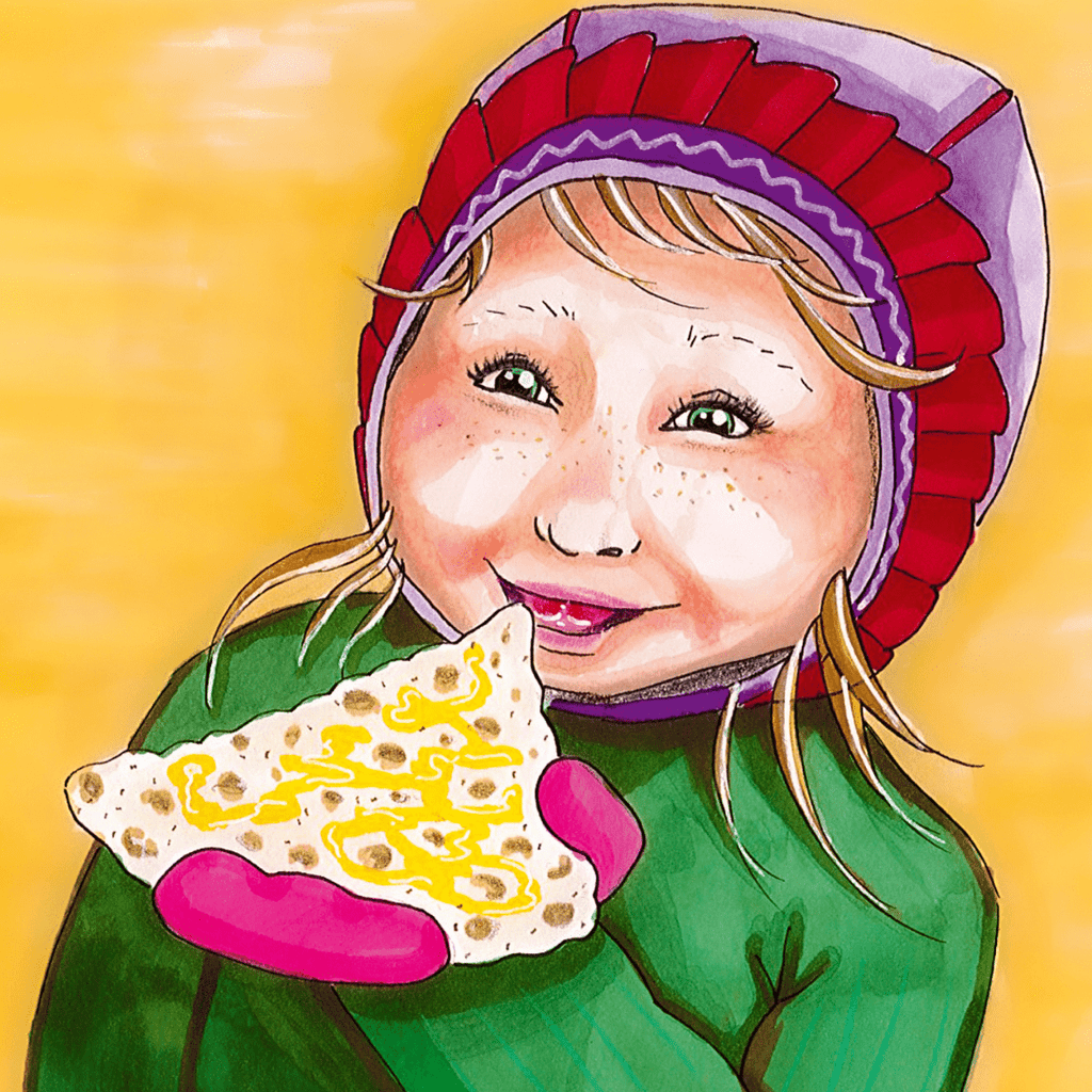 Illustration med text: Ett barn äter glödkaka 