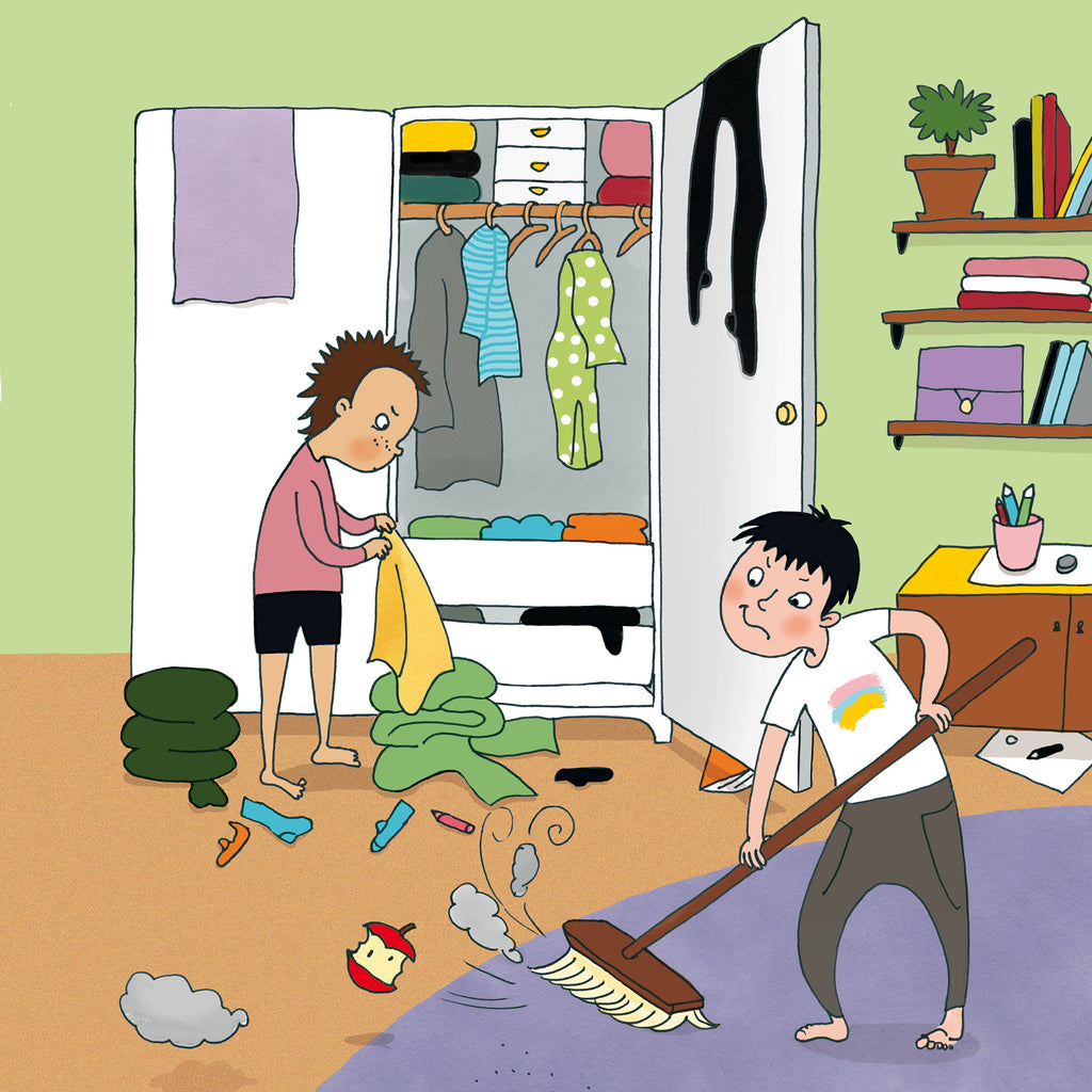 Illustration. Två barn städar sitt rum. Från Fyndiga uttryckens ABC - Bilderbok 3-6 år - OLIKA - Författare: Mia Kim - Illustratör: Karin Holmström