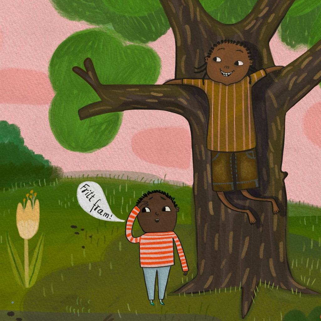 Illustration. Ett barn ropar "Fritt fram!" medan det letar efter ett barn som gömt sig i ett träd.
