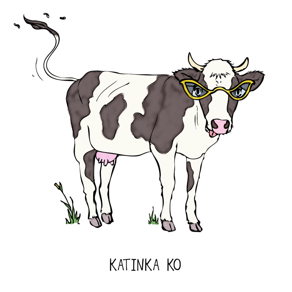 Illustration med text: En ko med gula glasögon står i gräs