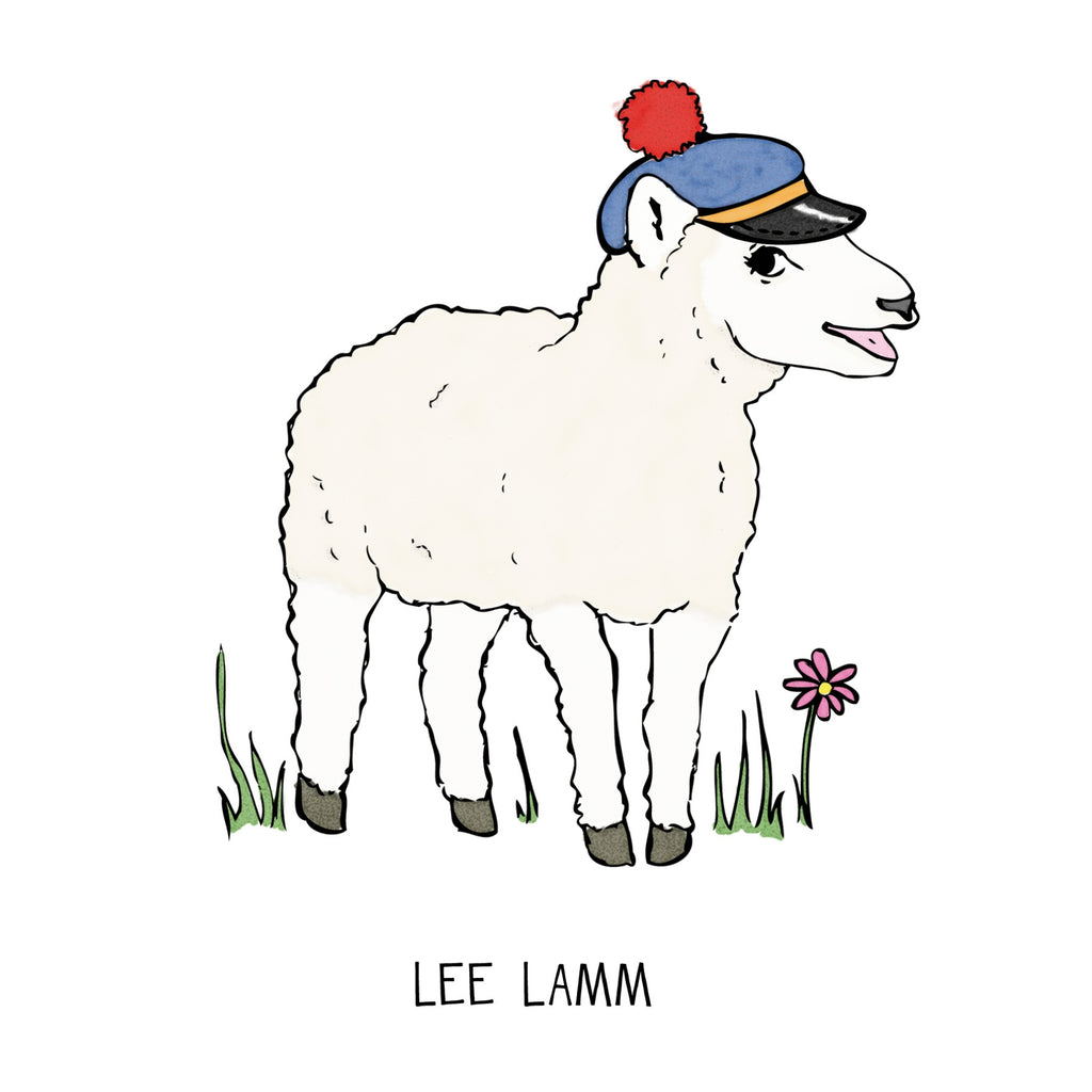 Illustration med text: Ett lamm i en mössa står i gräs med en blomma