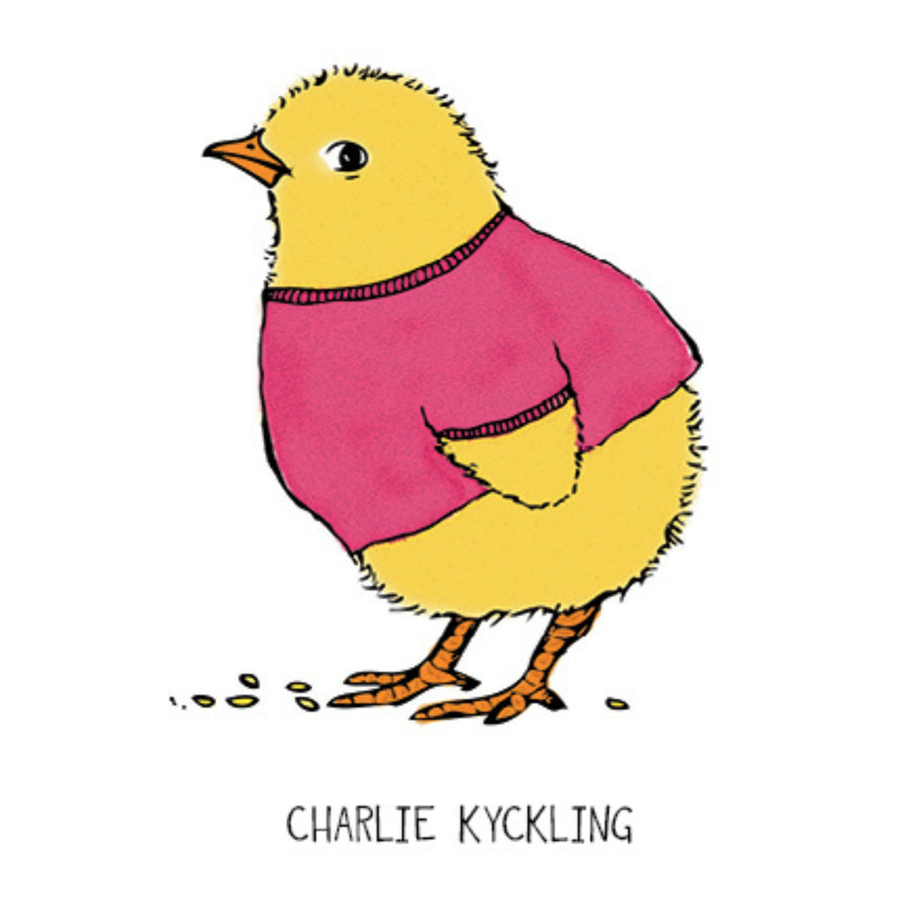 Illustration med text: En kyckling i en rosa tröja