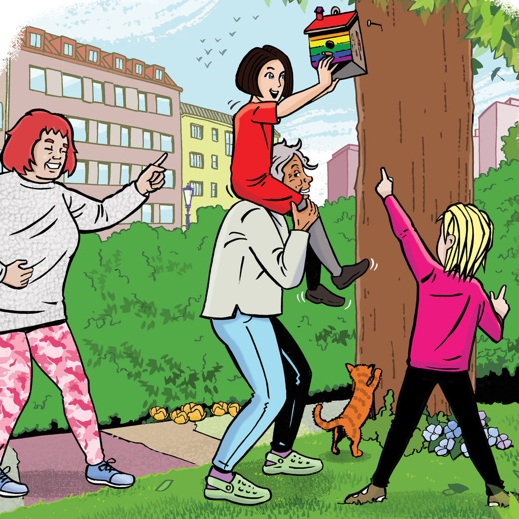 Två vuxna och ett barn sätter upp en regnbågsfärgad fågelholk från boken Vill du vara ihop, Katja Virtanen? - Lättläst bok 6-9 år - OLIKA förlag - Författare: Ebba Berg - Illustratör: Carl Flint