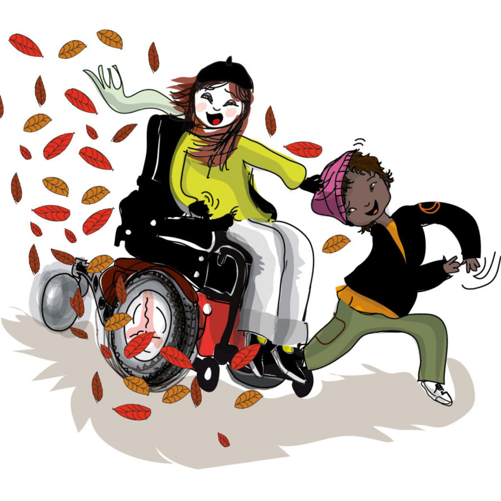 Illustration: Två barn som leker. Den ena, som sitter i rullstol, försöker ta den andras mössa. Från Modigt med Vilma & Loppan (samling) - Kapitelbok 6-9 år - OLIKA förlag - Författare: Anneli Khayati - Illustratör: Mikael Sjömilla