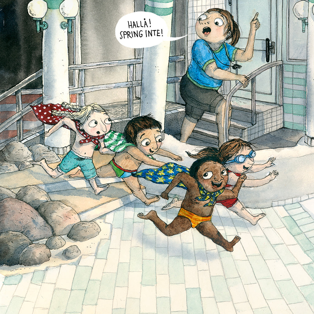 Illustration av fyra barn och en vuxen inne på ett badhus.