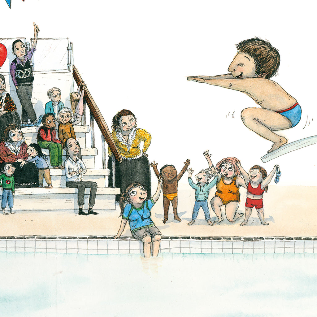 Illustration. Ett barn som ska hoppa ner i vattnet medan alla tittar på. Människorna på bilden har olika hudtoner.