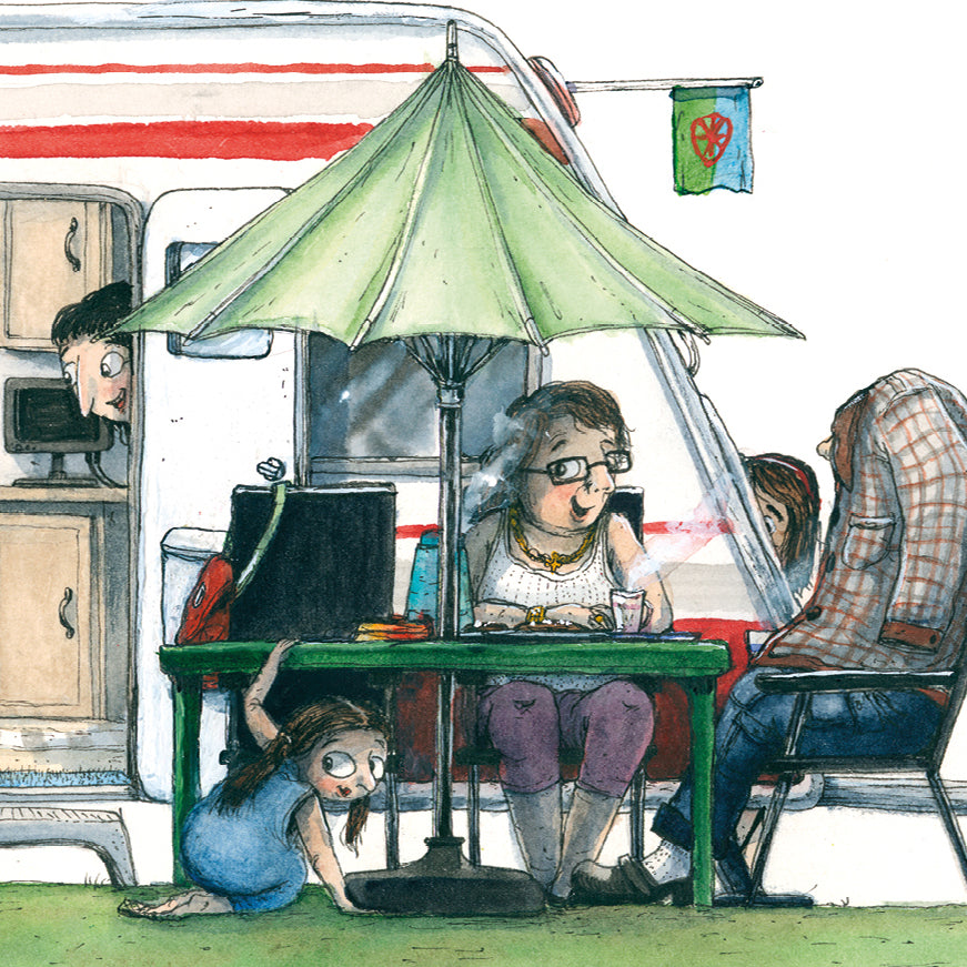 llustration. Några personer sitter vid en ett bord vid en husvagn. En person tittar fram inne i husvagnen.