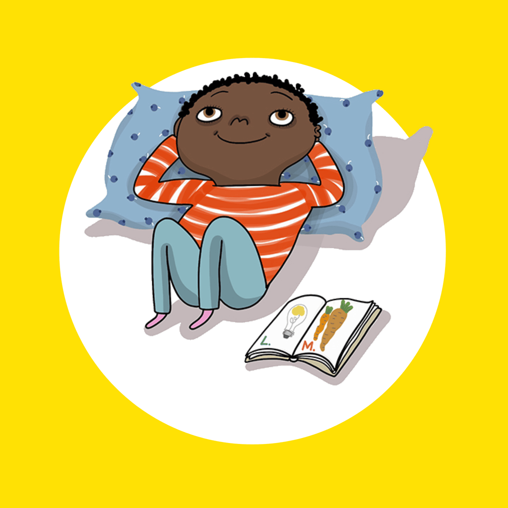 Illustration. Ett barn ligger med huvudet på kudden och tittar drömmande uppåt. Bredvid ligger en uppslagen bok.