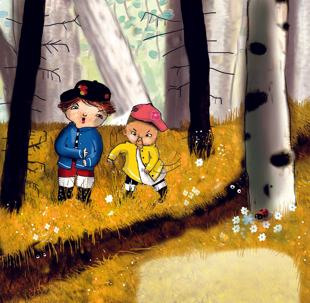 Illustration: 2 barn går i skogen, de ser äcklade ut och en håller för näsan