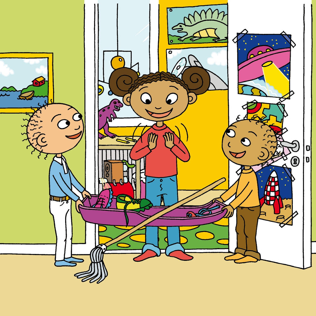 Illustration: Johanna står utanför sitt rum och tittar på när syskonen Sten & Stanley bär grejer mellan sig. Alla är glada