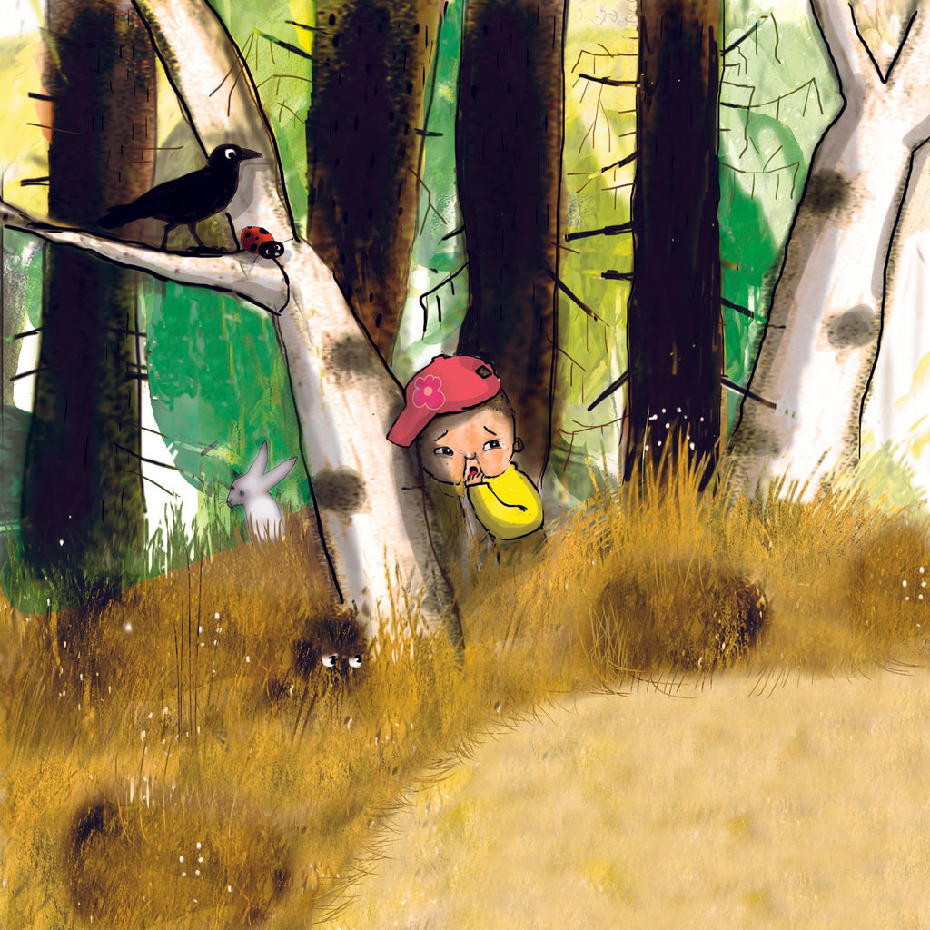 Illustration: Ett barn i skogen omgiven av några varelser på marken och en fågel & nyckelpiga i ett träd. Barnet ser rädd ut