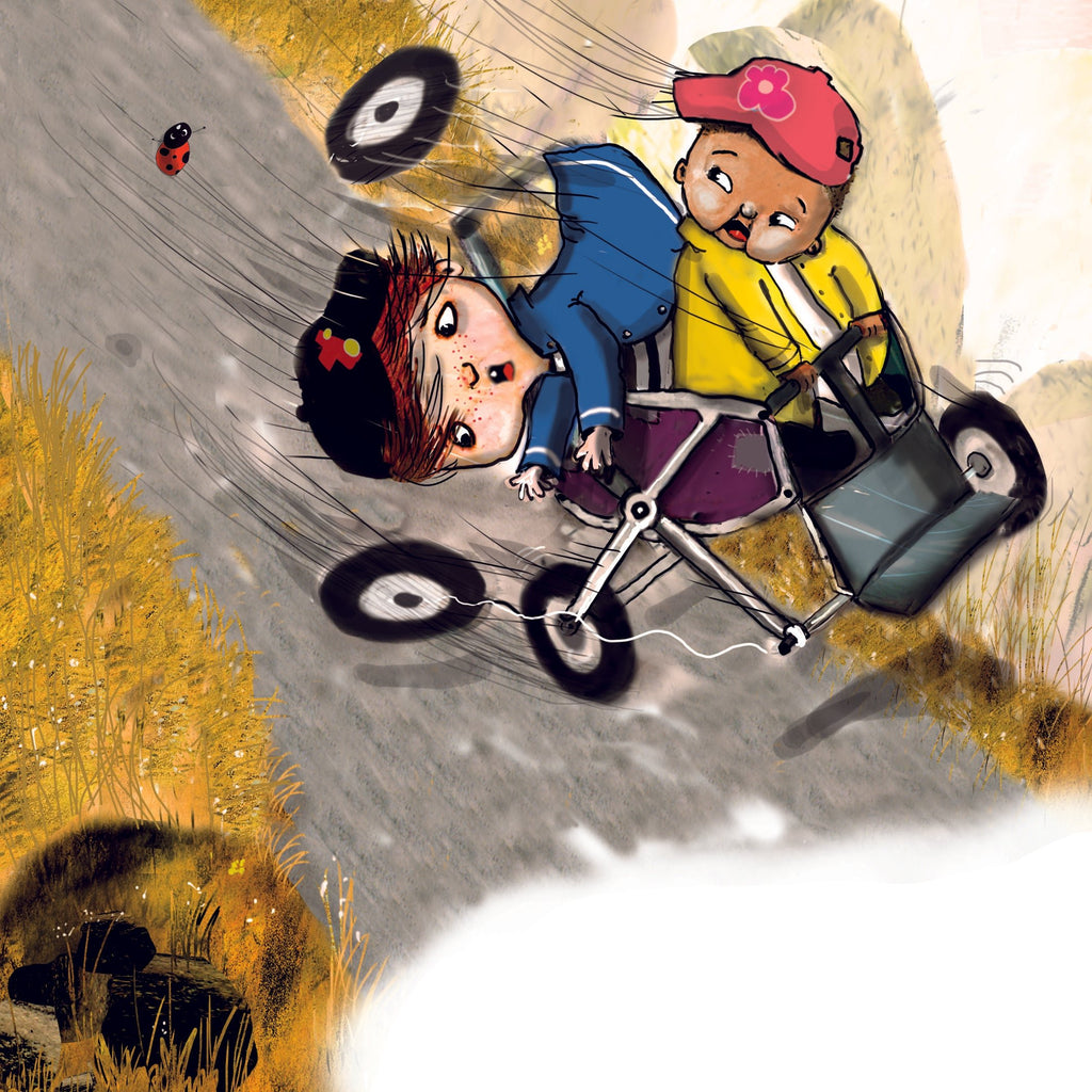 Illustration: 2 barn åker barnvagn nerför en backe, det går så fort att hjulen ramlar av & ett av barnen ramlar nästan ur