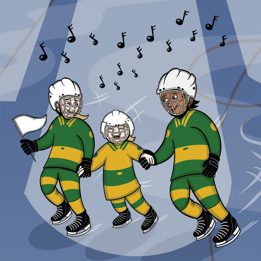 Illustrerad bild av Linnéa Larsson och två kompisar på isen. Alla i bandykläder, skridskor och hjälm.