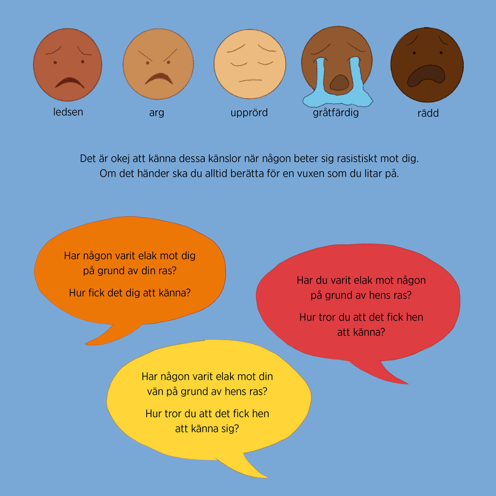 Illustration. Några emojis med olika hudfärg representerar olika känslor. - Min färg, din färg : om rasism, antirasism och självkänsla - Bilderbok 3-6 år - OLIKA förlag - Författare: Laura Henry-Allain - Illustratör: Onyinye Iwu