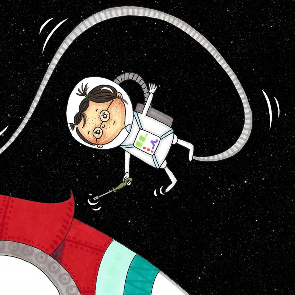 En illustration med Mix som astronaut ute i rymden - Mix kör - Bilderbok 1-3 år - OLIKA förlag - Författare: Malin Lilja - Illustratör: Matilda Salmén