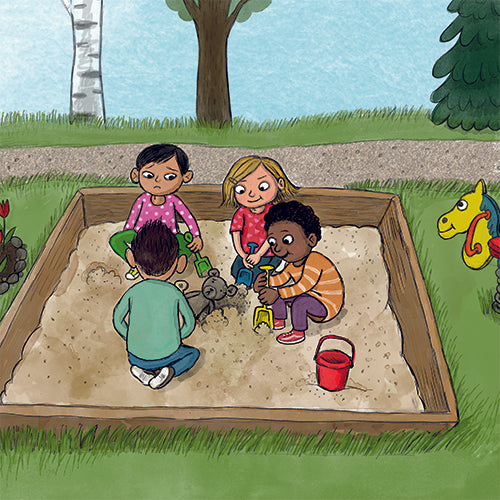 Illustration med fyran barn i en sandlåda där de gräver ner nallebjörnen - Mysteriet bland höghusen – Bilderbok 3-6 år – OLIKA  förlag - Författare: Helen Forss - Illustratör: Tina Landgren