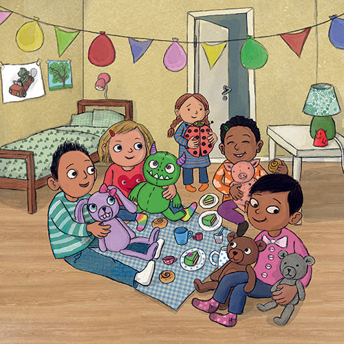 Illustration med fem glada barn och deras mjukisdjur - Mysteriet bland höghusen – Bilderbok 3-6 år – OLIKA  förlag - Författare: Helen Forss - Illustratör: Tina Landgren