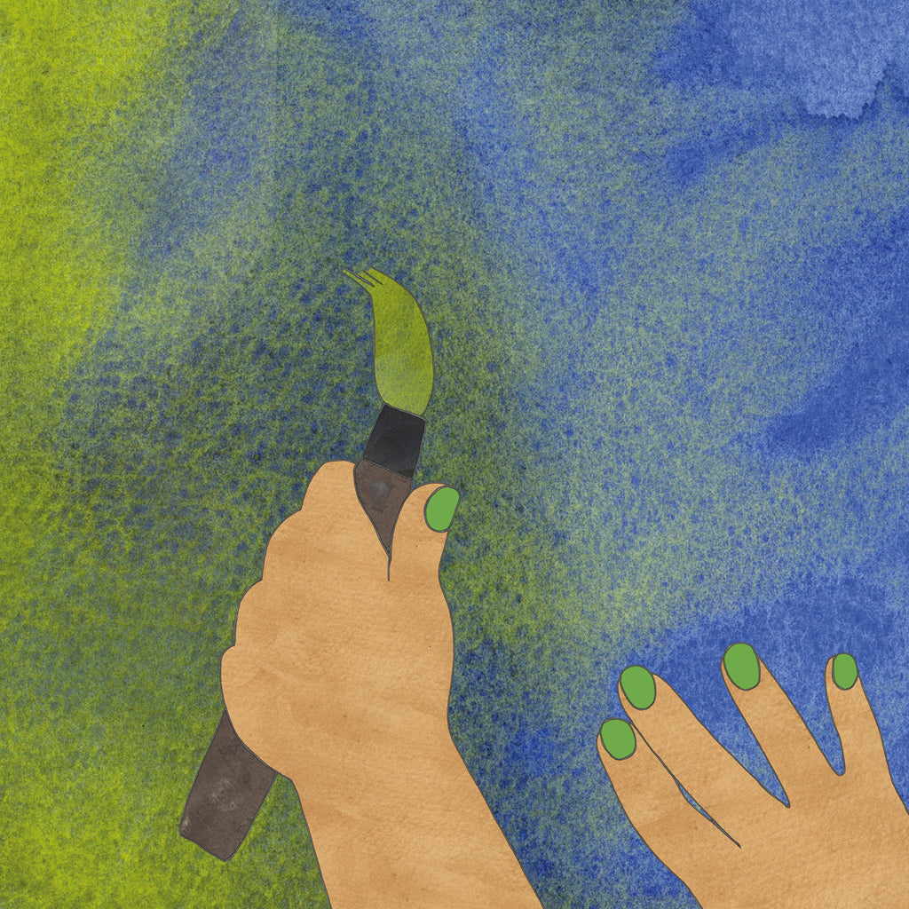 Illustration. Två händer med grönt målande naglar syns måla med en pensel med grön färg.