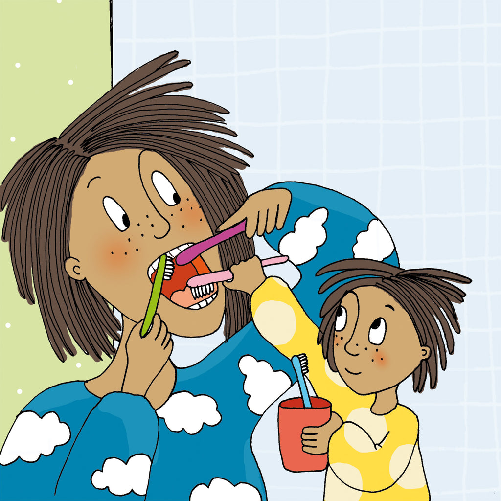 Illustration: Tessla hjälper sin mamma att borsta tänderna. Tesslas mamma vill inte! - Bilderbok 1-3 år - OLIKA förlag - Författare: Åsa Mendel Hartvig - Illustratör: Caroline Röstlund 