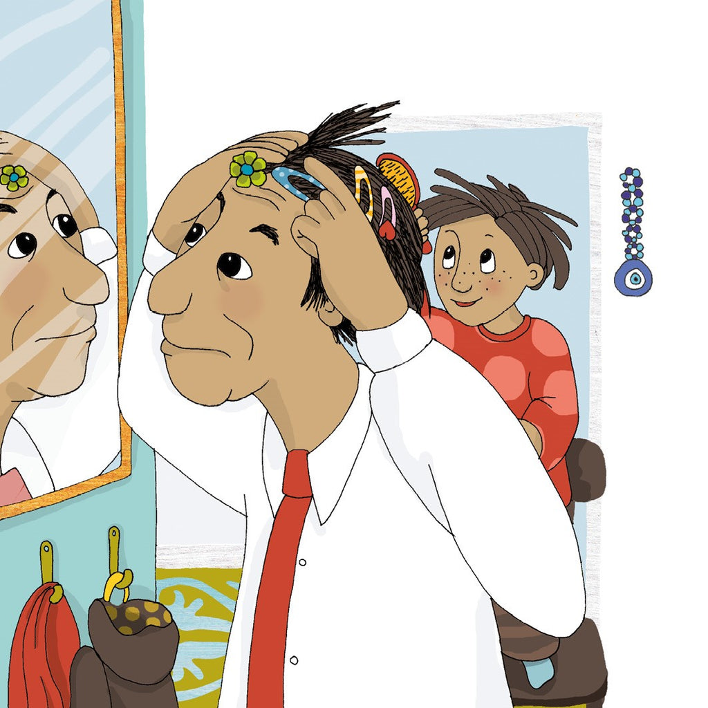 Illustration. Tessla hjälper sin pappa att sätta upp hårspännen i håret. Tesslas pappa vill inte! - Bilderbok 1-3 år - OLIKA förlag - Författare: Åsa Mendel Hartvig - Illustratör: Caroline Röstlund