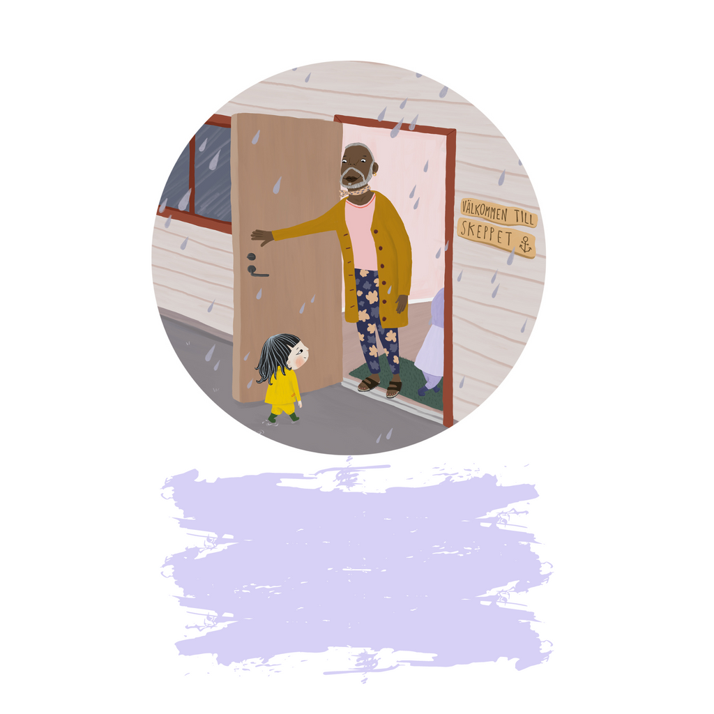 Illustration: Ett barn går mott en dörr där det står en vuxen. När vi leker - Bilderbok 1-3 år - OLIKA förlag - Författare: Anna Lundgren - Illustratör: Mia Olofsson 