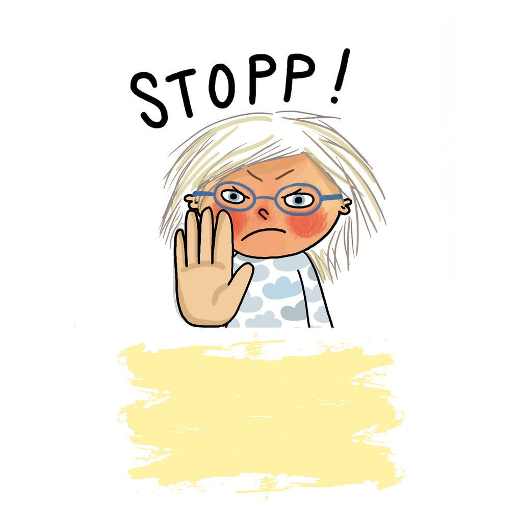 Illustration: Alvdis håller upp en hand med handflatan fram. Text i bild: Stopp!