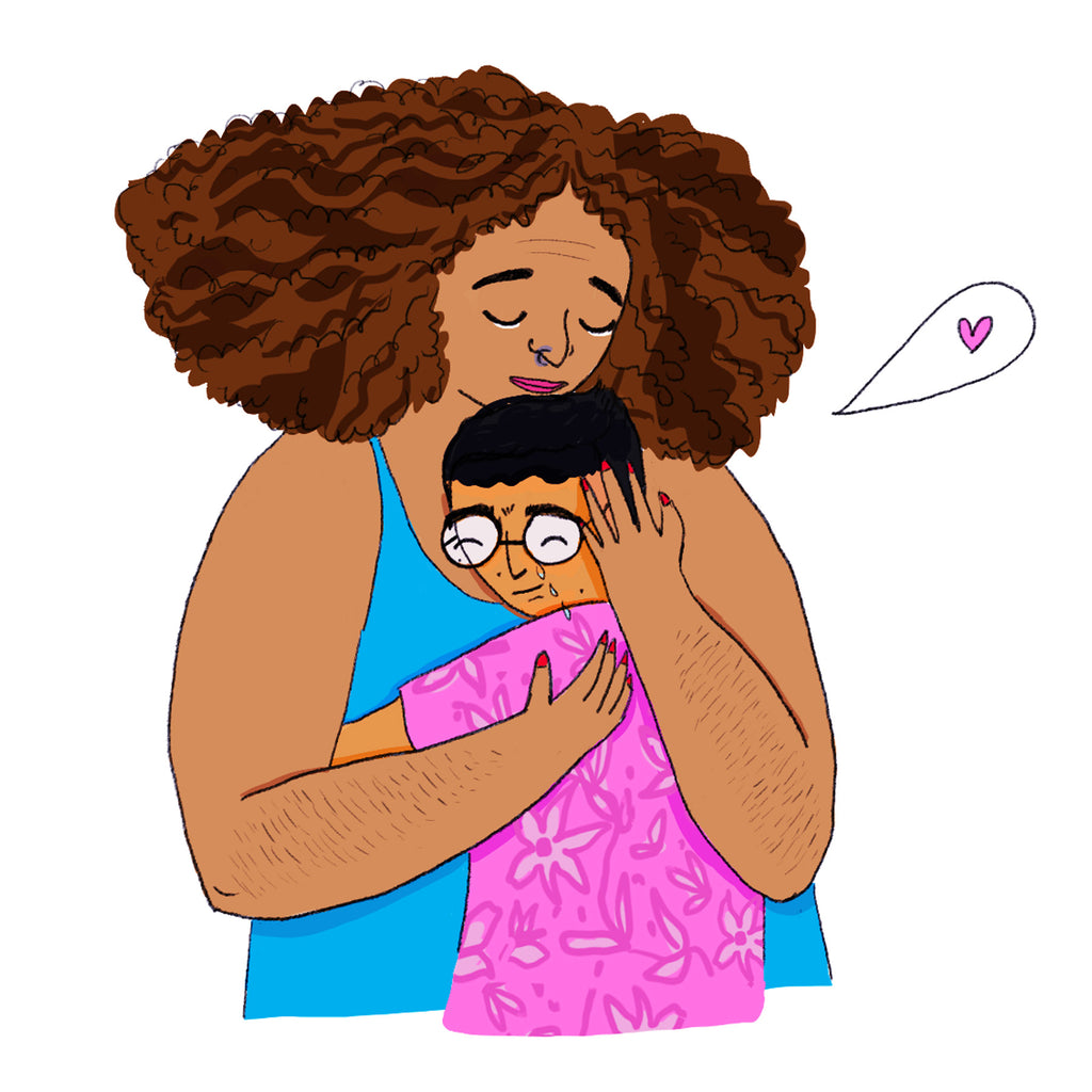Illustration. Adnan och hans mamma kramas medan de gråter. En pratbubbla med ett hjärta syns. 