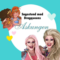 Blå bakgrund med text, en illustration av 2 kära prinsessor, I nedre högra hörn syns porträtt av 2 dragqueens