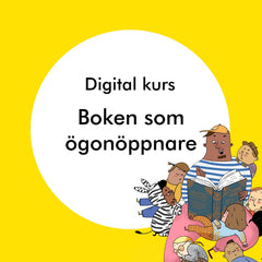 Gul bakgrund med text & en illustration av en vuxen som läser för ett antal barn ur en bok