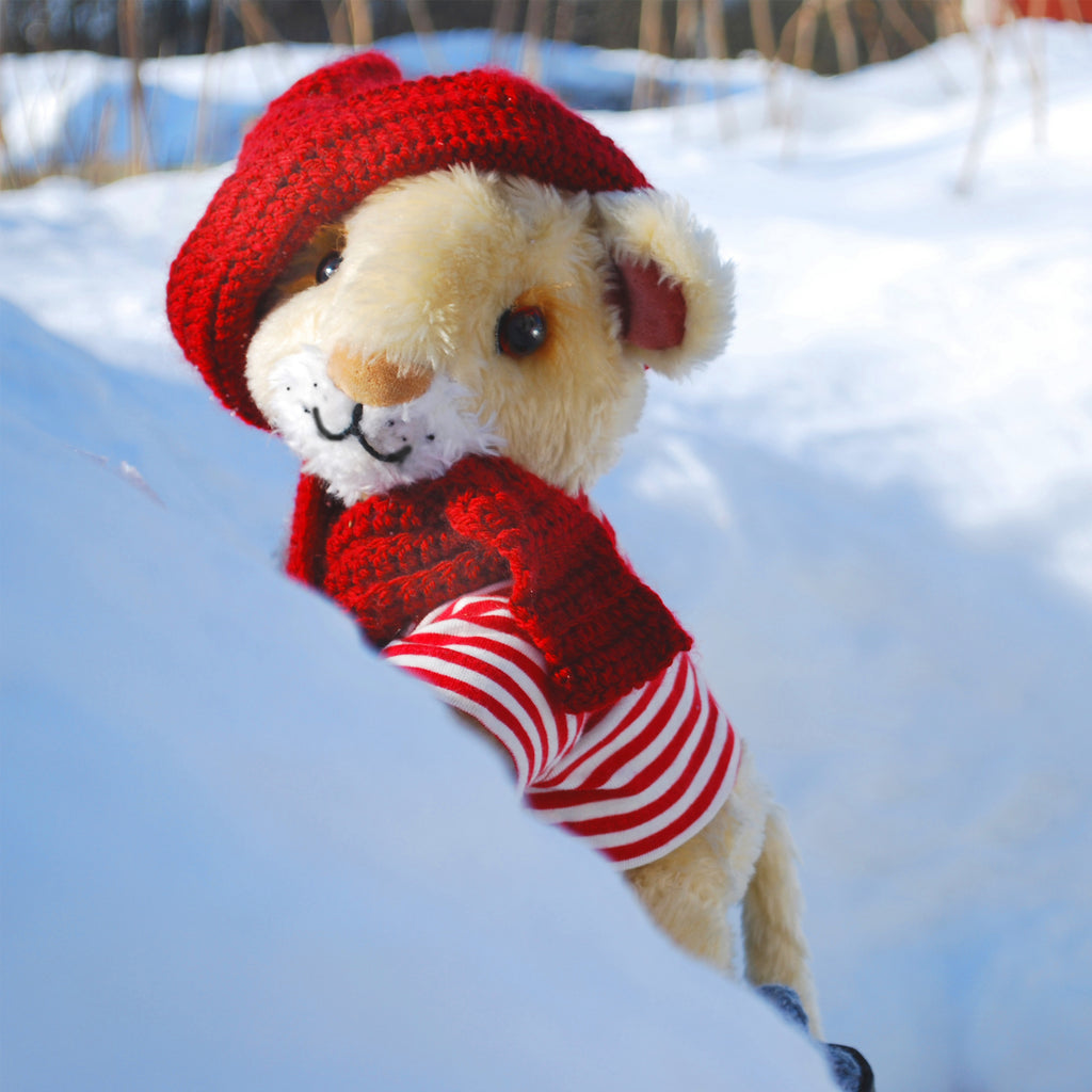 En nallebjörn i snön med mössa och halsduk - Bumbum klättrar högt - Bilderbok 1-3  år - OLIKA förlag - Författare och fotograf: Ann-Christine Magnusson
