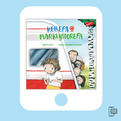 Bilderboken Lodipa & garepa (Camping & kurragömma på resanderomani)  syns i E-bokformat på en skärm framför blå yta