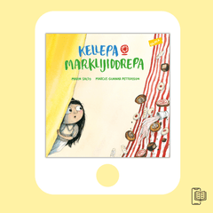 Bilderboken Kellepa & marklijiddrepa (Dansbus & kaktrubbel på resanderomani) syns i E-bokformat på en skärm framför gul yta 