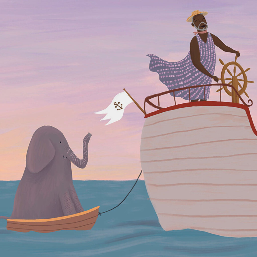 Illustration. Man i klänning styr en båt. Bakom bogseras en elefant i en mindre båt. - När vi leker - Bilderbok 1-3 år - OLIKA förlag - Författare: Anna Lundgren - Illustratör: Mia Olofsson