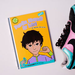 Lätt att läsa boken Pardis Moradi är här! syns på vit yta, bredvid ligger en sko i blått, rosa, vitt & svart