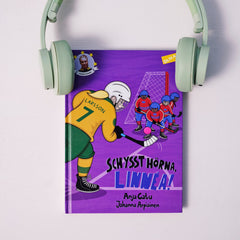 Kapitelboken Schysst hörna, Linnéa syns på vit yta, på vardera övre kortsida av boken sitter ett par mintgröna hörlurar