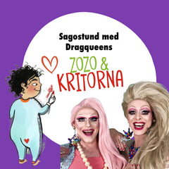 Lila bakgrund med text, till vänster syns en illustration av Zozo & till vänster syns porträtt av 2 dragqueens