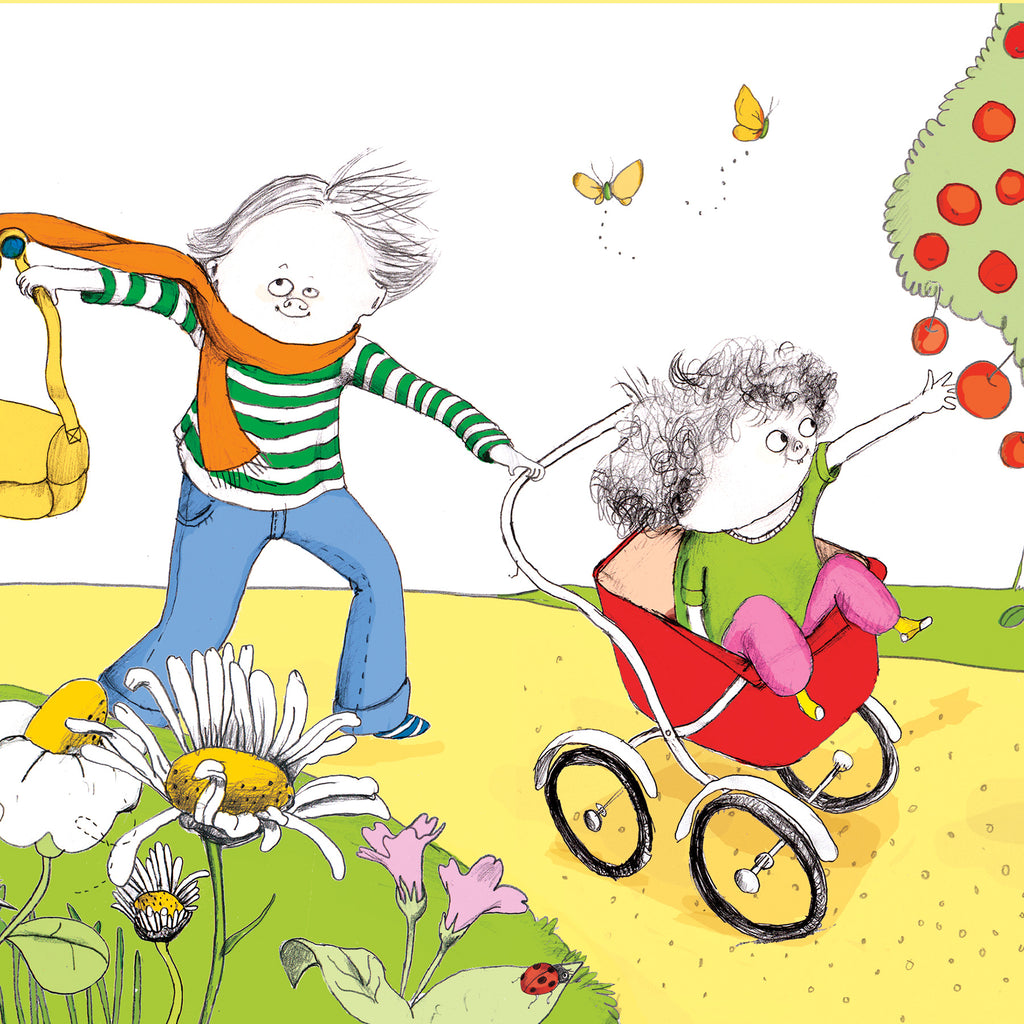 Illustration av ett barn i barnvagn i Vi leker att jag är din pappa - Bilderbok 1-3 år - OLIKA förlag - Författare: Tora von Platen - Illustratör: Emili Kvarnström Svensson