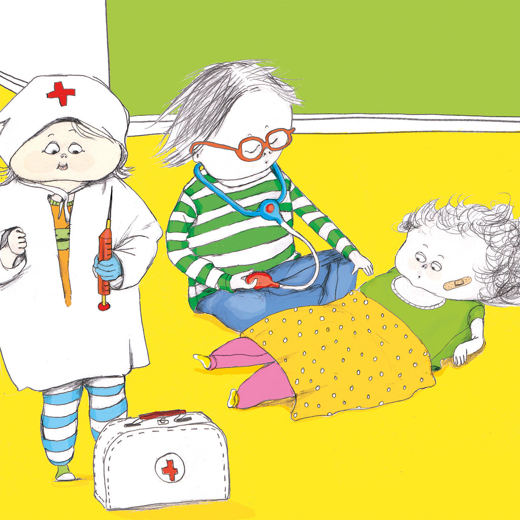 Illustration av tre barn som leker doktor i Vi leker att jag är din pappa - Bilderbok 1-3 år - OLIKA förlag - Författare: Tora von Platen - Illustratör: Emili Kvarnström Svensson