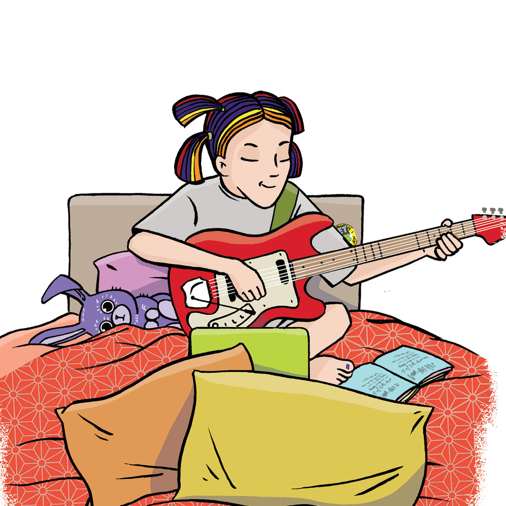 Illustration av en leende person med färgglatt hår som spelar gitarr i Du är en stjärna, Amy Jönsson! - Barnen i Lyckeskolan - Lättläst 6-9 - OLIKA förlag - Författare: Ebba Berg - Illustratör: Carl Flint