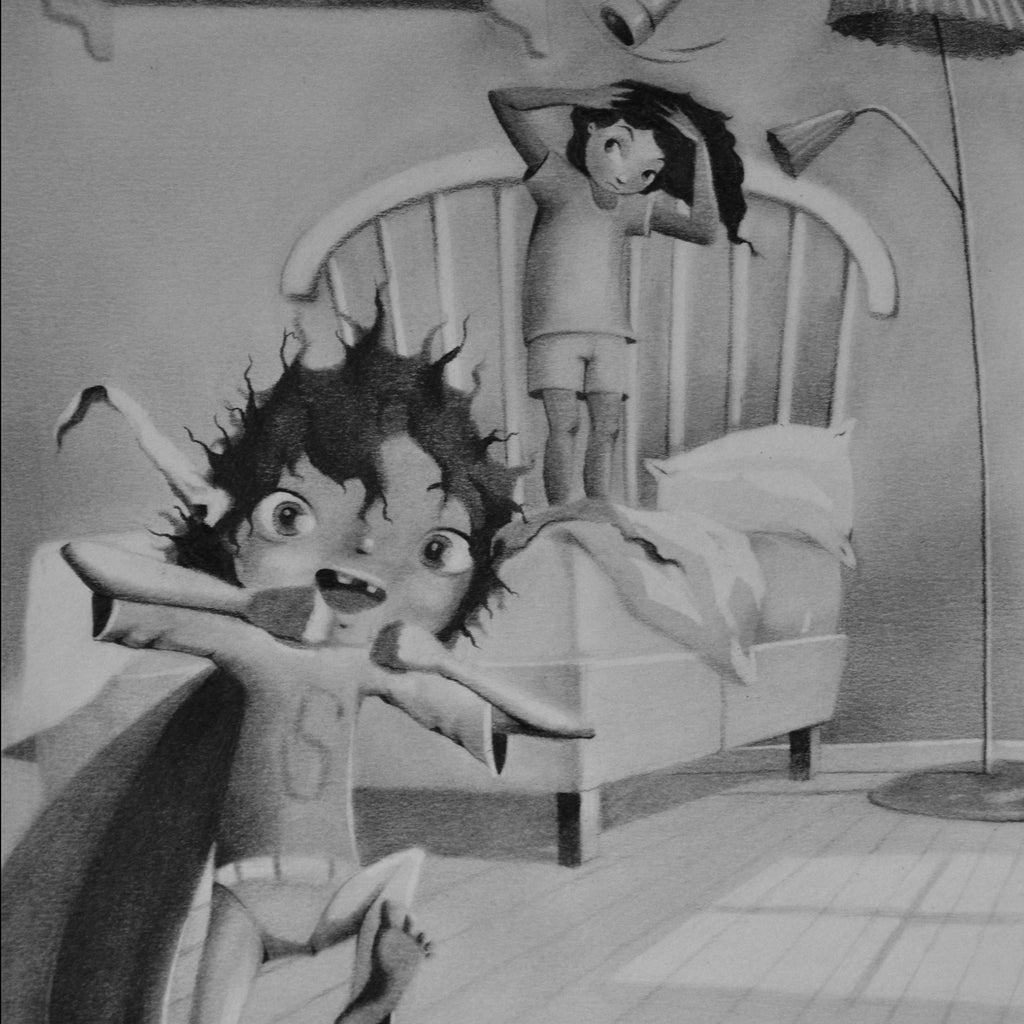 Svartvit illustration av ett superhjälte-klätt barn i boken Uppdrag: Anden i flaskan - Kapitelbok 6-9 år - OLIKA förlag - Författare: Cecilia Rihs - Illustratör: Jenny Lindqvist