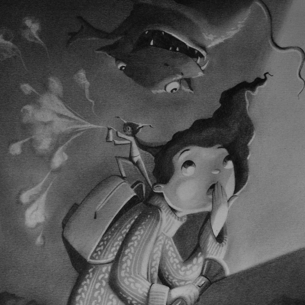 Illustration av ett barn och två fantasivarelser i boken Uppdrag: Anden i flaskan - Kapitelbok 6-9 år - OLIKA förlag - Författare: Cecilia Rihs - Illustratör: Jenny Lindqvist