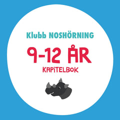 En vit cirkel med text och en illustration av en noshörning. Bakgrunden är blå